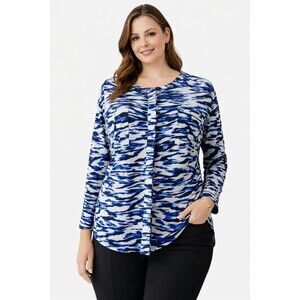 Dana Buchman Women Geometric 3/4 Sleeve Button-Up Shirt Blue Size XL